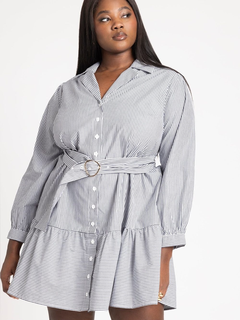 Striped Shirt Dress with Waist Tie - Black/White